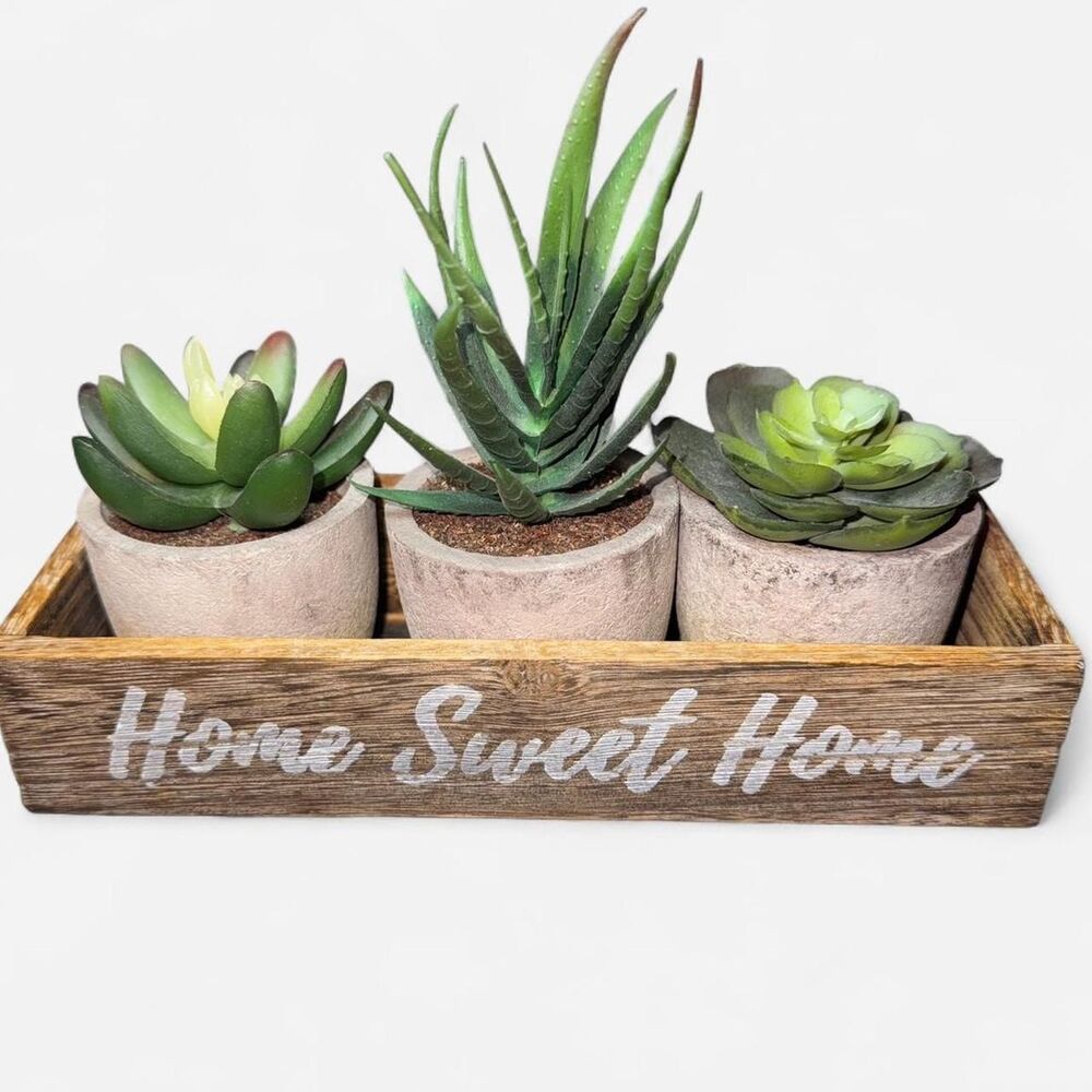 Artificial Succulent Plants in a Farmhouse Style Wooden Planter - Picture 2 of 6